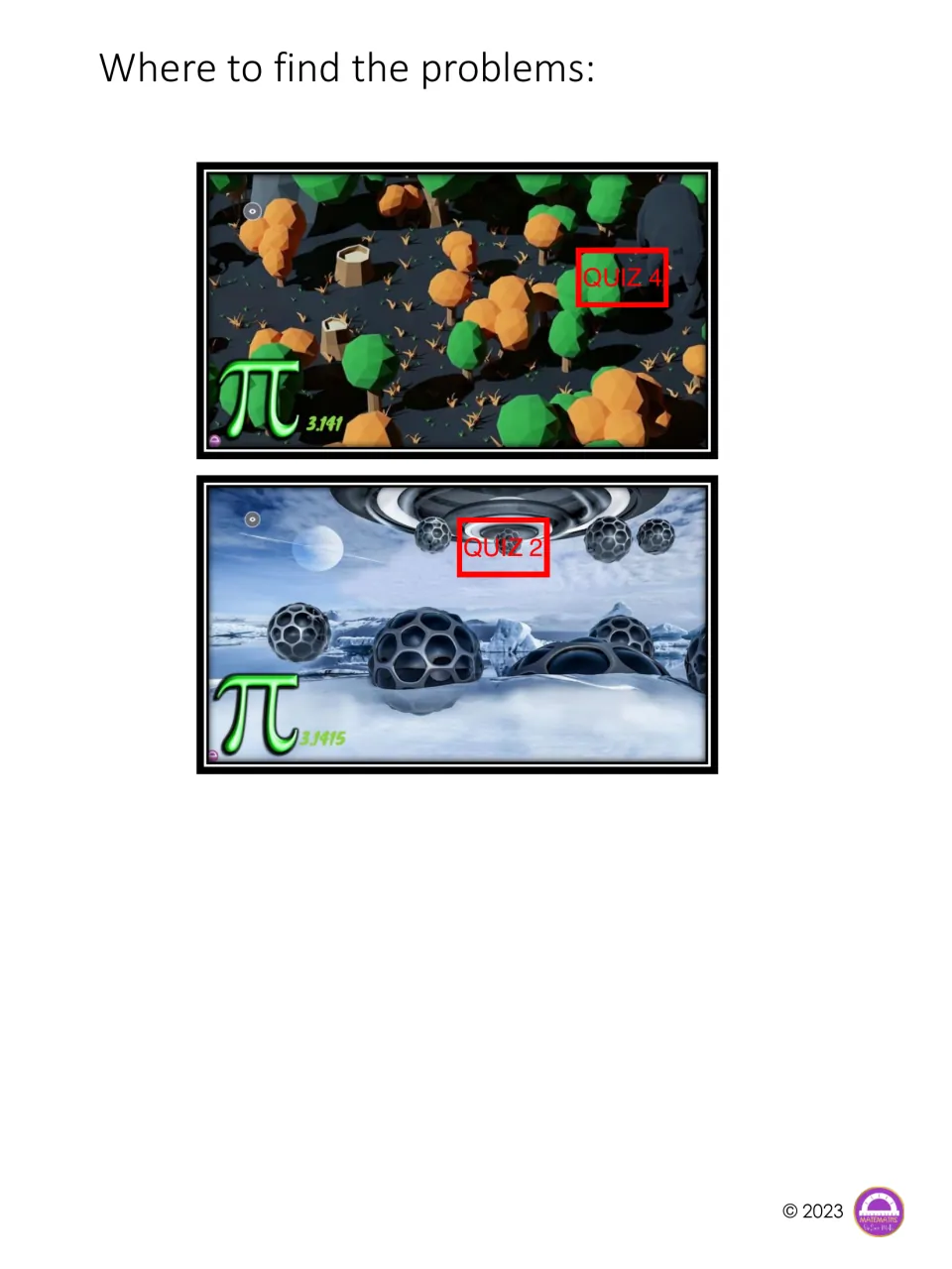 Problem locations guide, continued: forest and icy planet scenes with the Quiz 4 and second Quiz 2 hotspots boxed in red