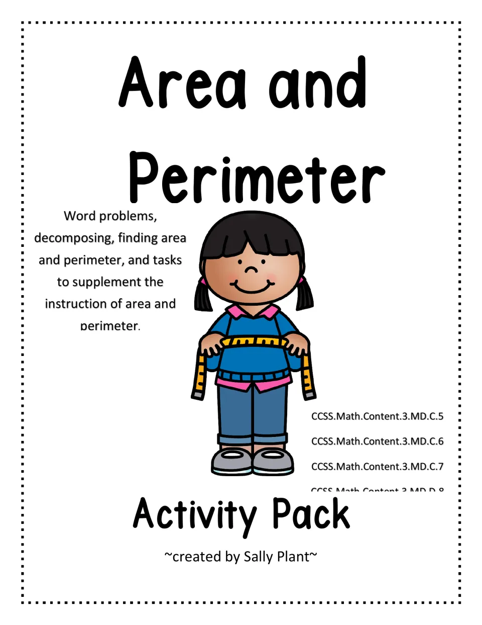 Area and Perimeter Activity Pack cover: word problems, decomposing shapes and finding area and perimeter, with 3.MD codes