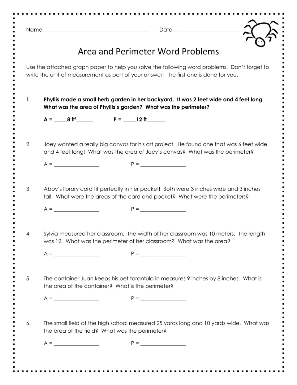 Word problems: students find area and perimeter of a garden, canvas, library card, classroom, container and field