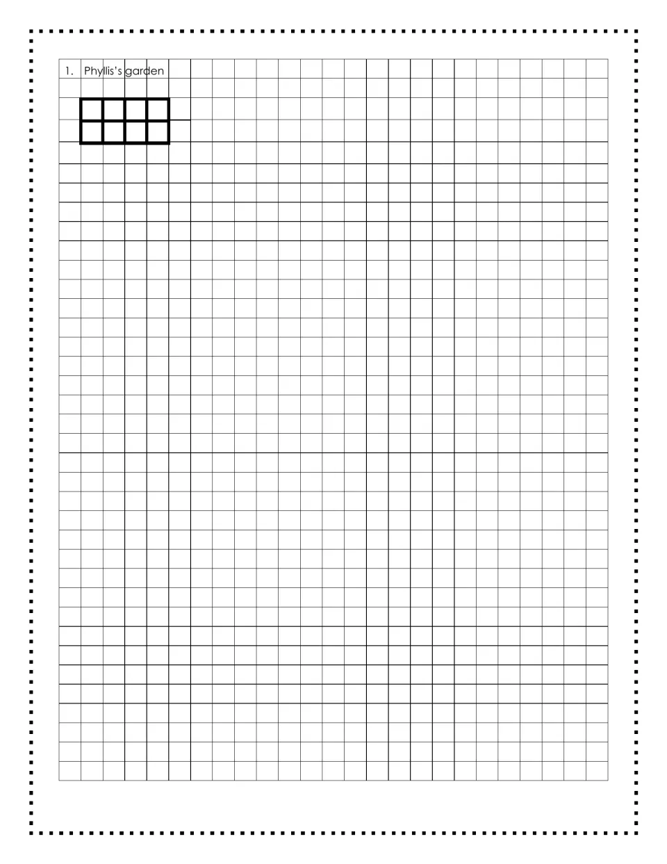 Graph paper for the word problems, with the first one modeled as a 2 by 4 rectangle of squares labeled Phyllis's garden