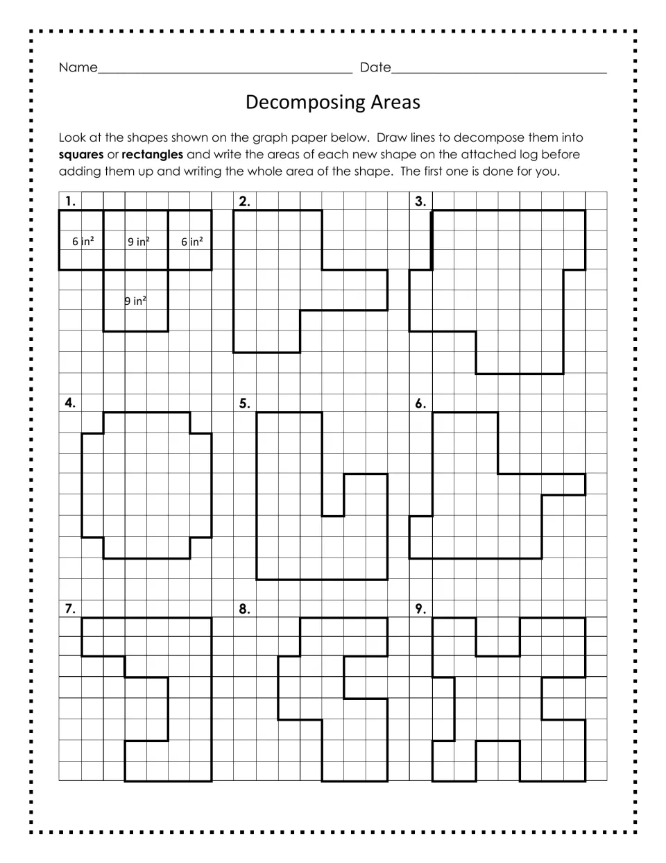 Decomposing areas: students split nine rectilinear shapes into squares and rectangles and find each part's area