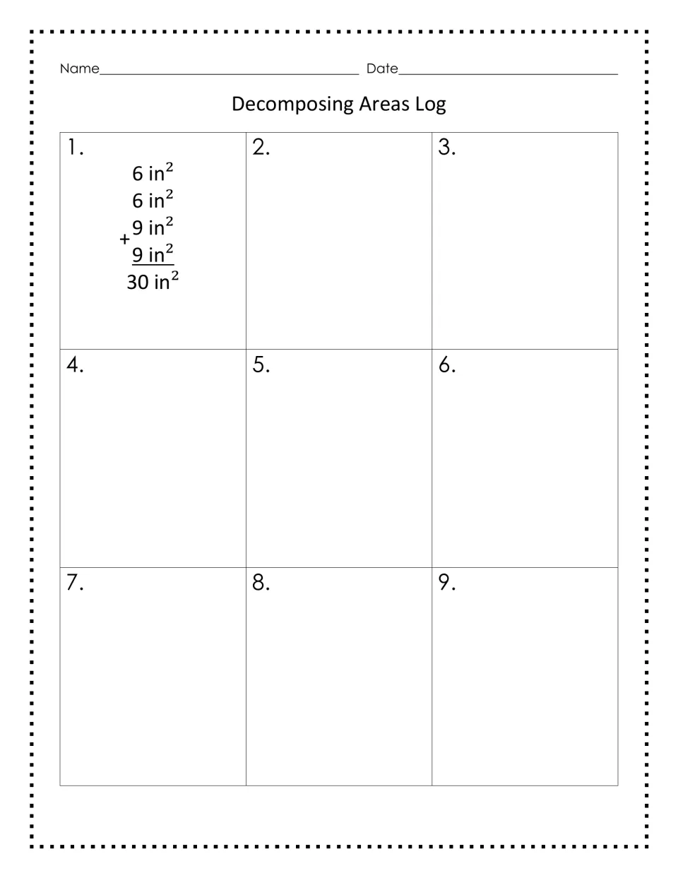 Decomposing areas log: students add the part areas for shapes 1 to 9; the example sums 6, 6, 9 and 9 in² to get 30 in²