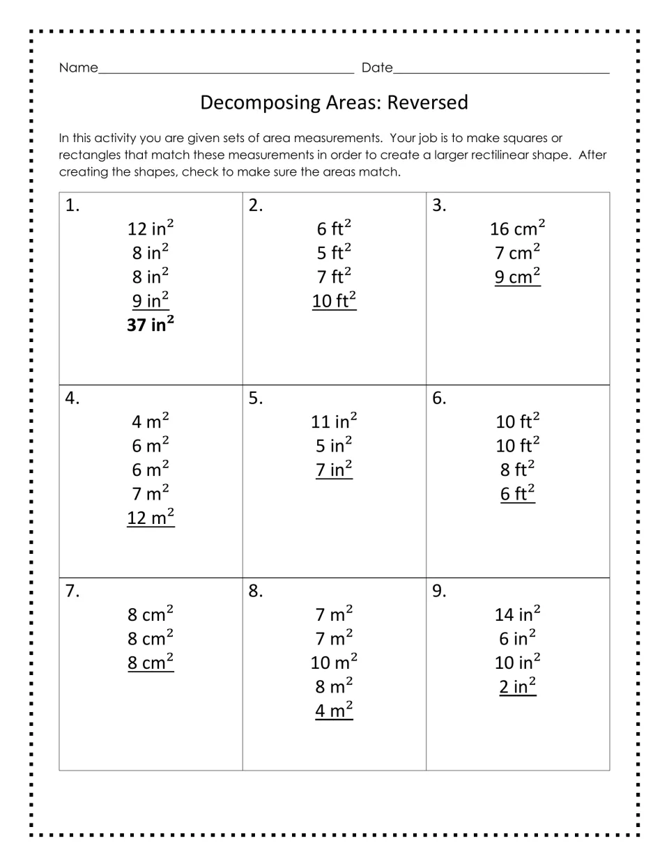 Decomposing areas reversed: students build rectilinear shapes from given sets of rectangle areas, like 12, 8, 8 and 9 in²