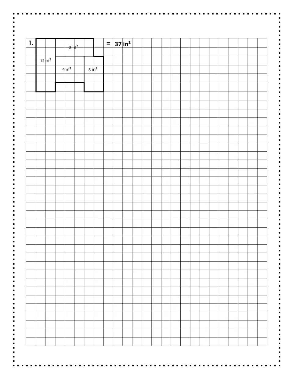 Graph paper for building reversed shapes; example 1 joins 12, 8, 9 and 8 in² rectangles into one figure totaling 37 in²