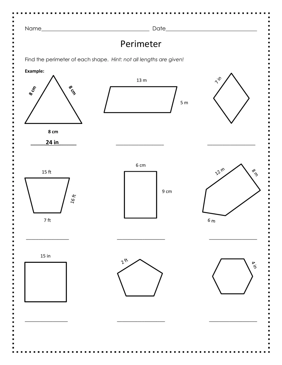 Perimeter: students add side lengths of nine polygons, including a rhombus, trapezoid and hexagon, finding unlabeled sides