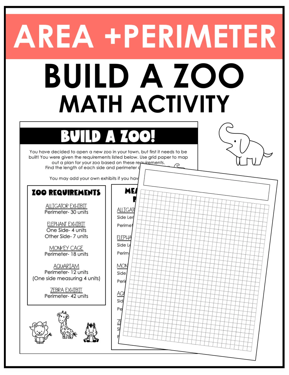 Area and perimeter zoo cover showing a requirements sheet for five animal exhibits beside a sheet of graph paper for mapping