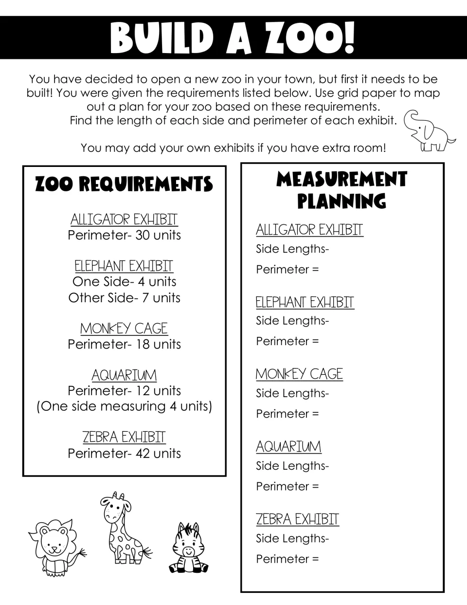 Perimeter version of the zoo plan: students record side lengths and perimeter for five exhibits from given requirements