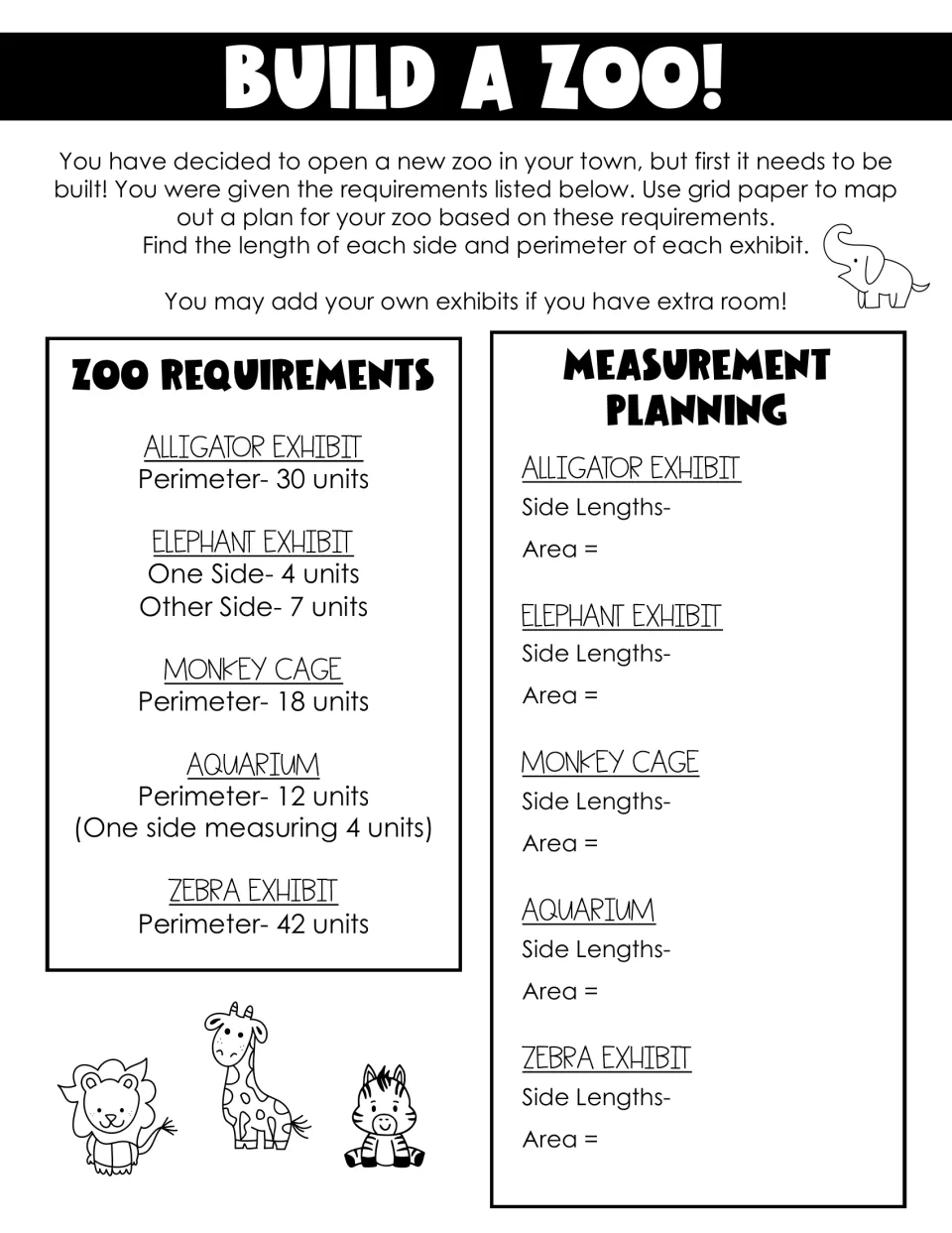 Area recording sheet for the zoo task: students work out side lengths and area of each exhibit, e.g. elephant 4 by 7 units