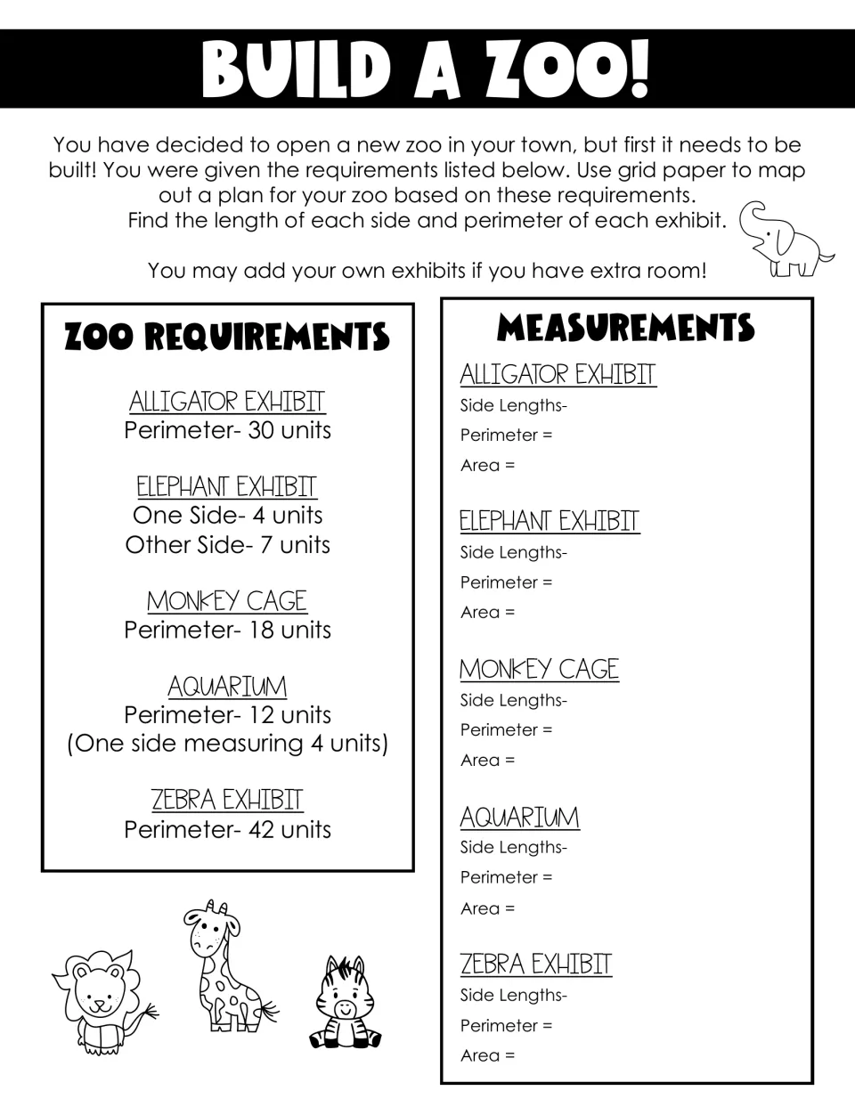 Combined zoo measurements: students list side lengths, perimeter and area for all five exhibits, from alligator to zebra