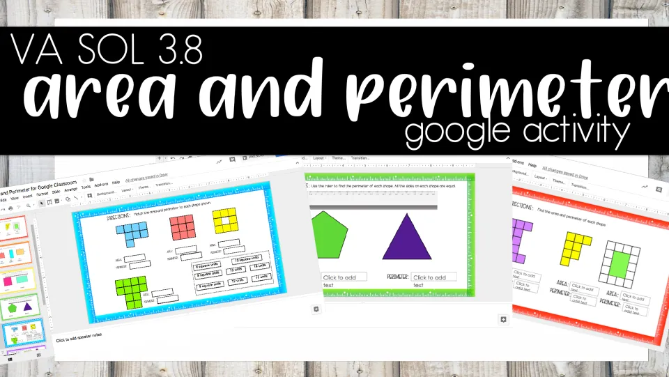 VA SOL 3.8 area and perimeter Google activity cover showing sample slides of tiled shapes, a pentagon and a triangle