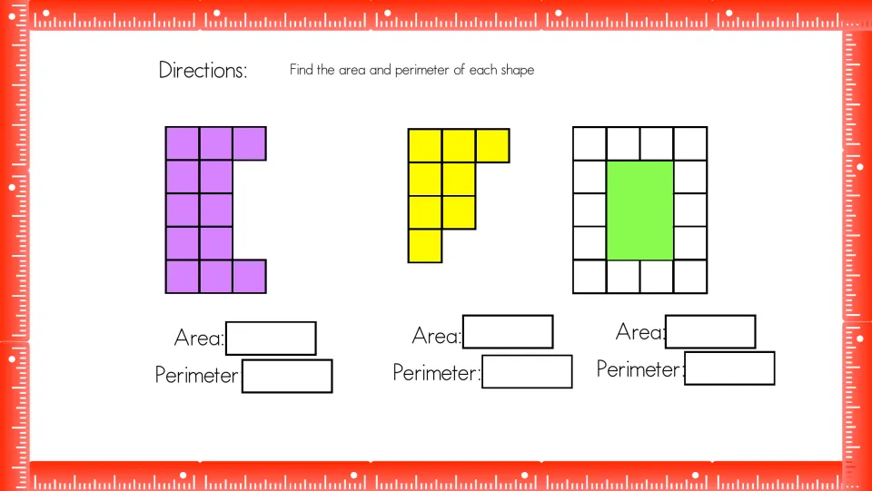 Area and perimeter on square tiles: students count units to find the area and perimeter of three tiled shapes