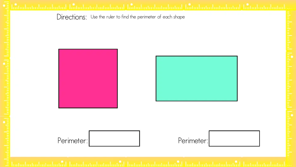 Measuring perimeter with a ruler: students measure the sides of a pink square and a teal rectangle and type each perimeter