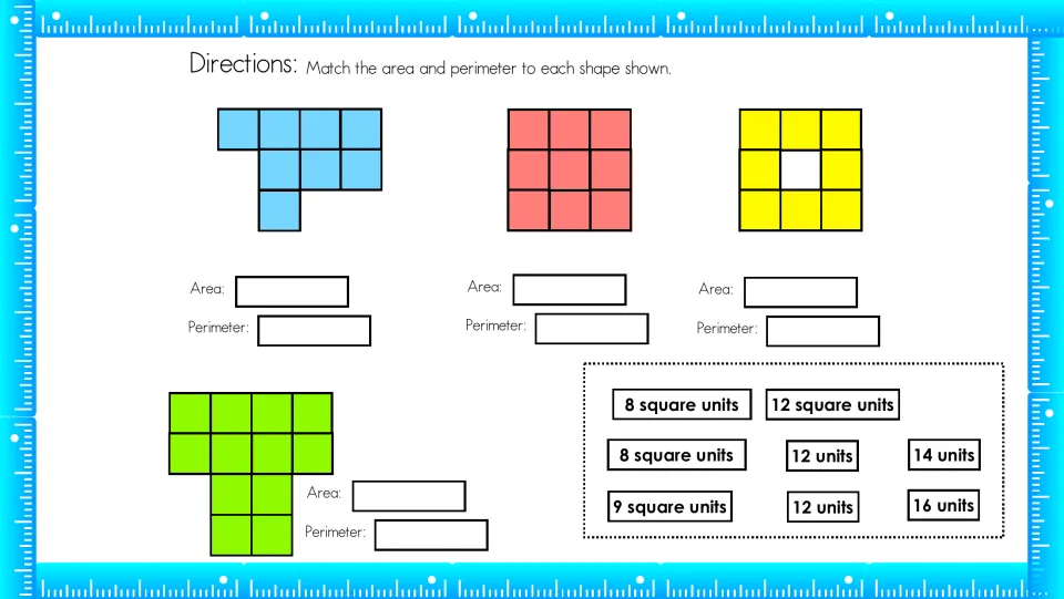 Matching area and perimeter: students drag answer tiles such as 8 square units and 14 units to four tiled shapes