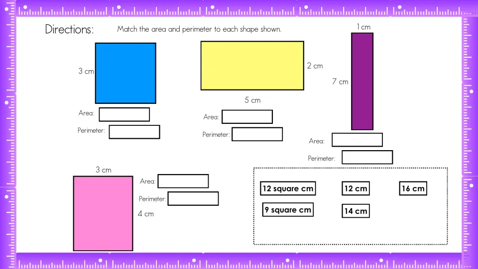 Matching area and perimeter in centimeters: students drag tiles like 9 square cm and 16 cm to a square and three rectangles