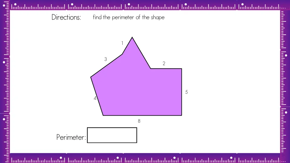 Perimeter of an irregular polygon: students add the side lengths 1, 2, 5, 8, 4 and 3 of a purple six-sided shape