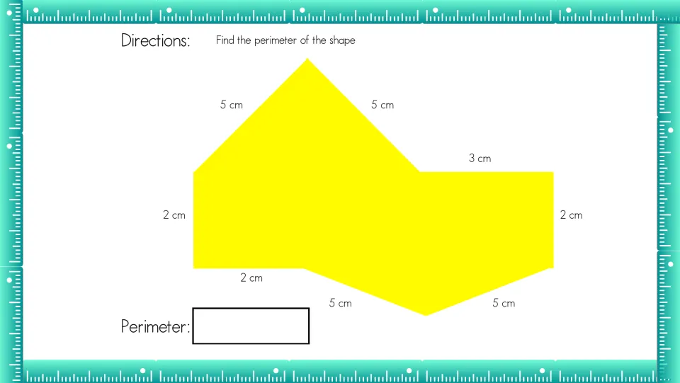 Perimeter of a complex shape: students add eight labeled sides of 5 cm, 3 cm and 2 cm around a yellow irregular polygon