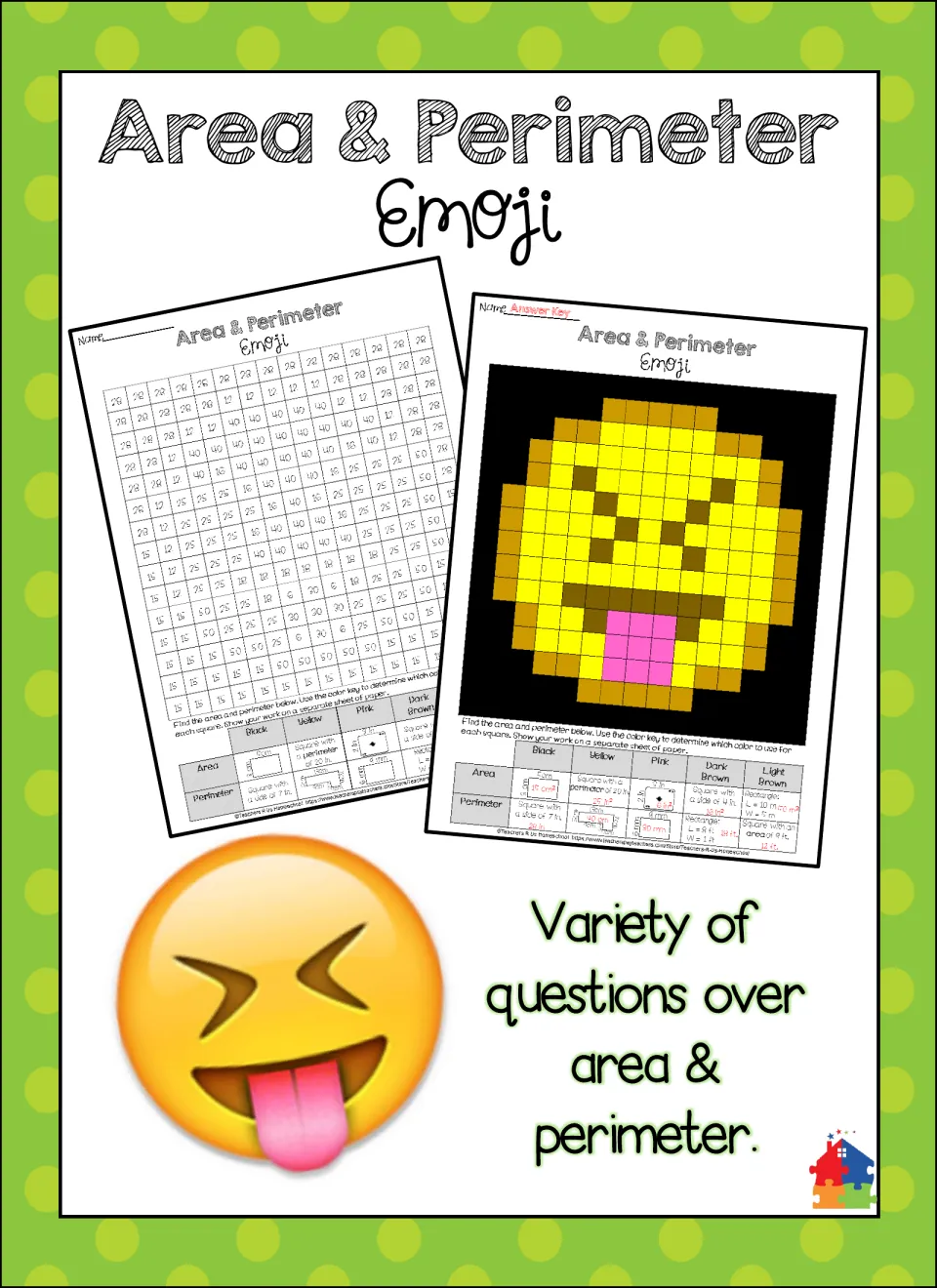Cover of the emoji area and perimeter activity, showing the practice sheet and completed tongue-out emoji.