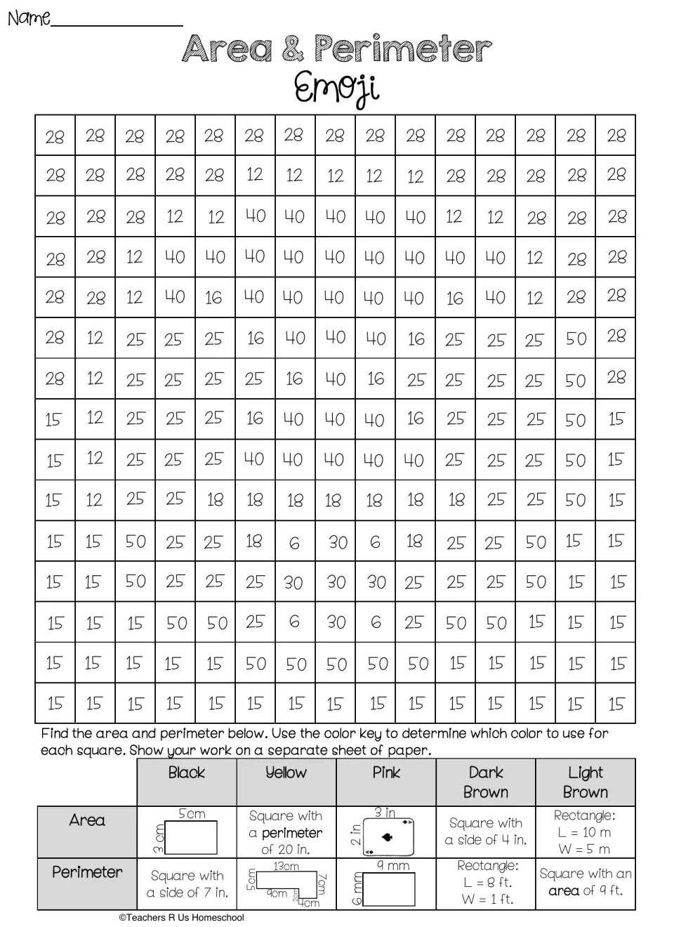 Area and perimeter coloring activity: solve 10 problems and use the color key to reveal a tongue-out emoji.