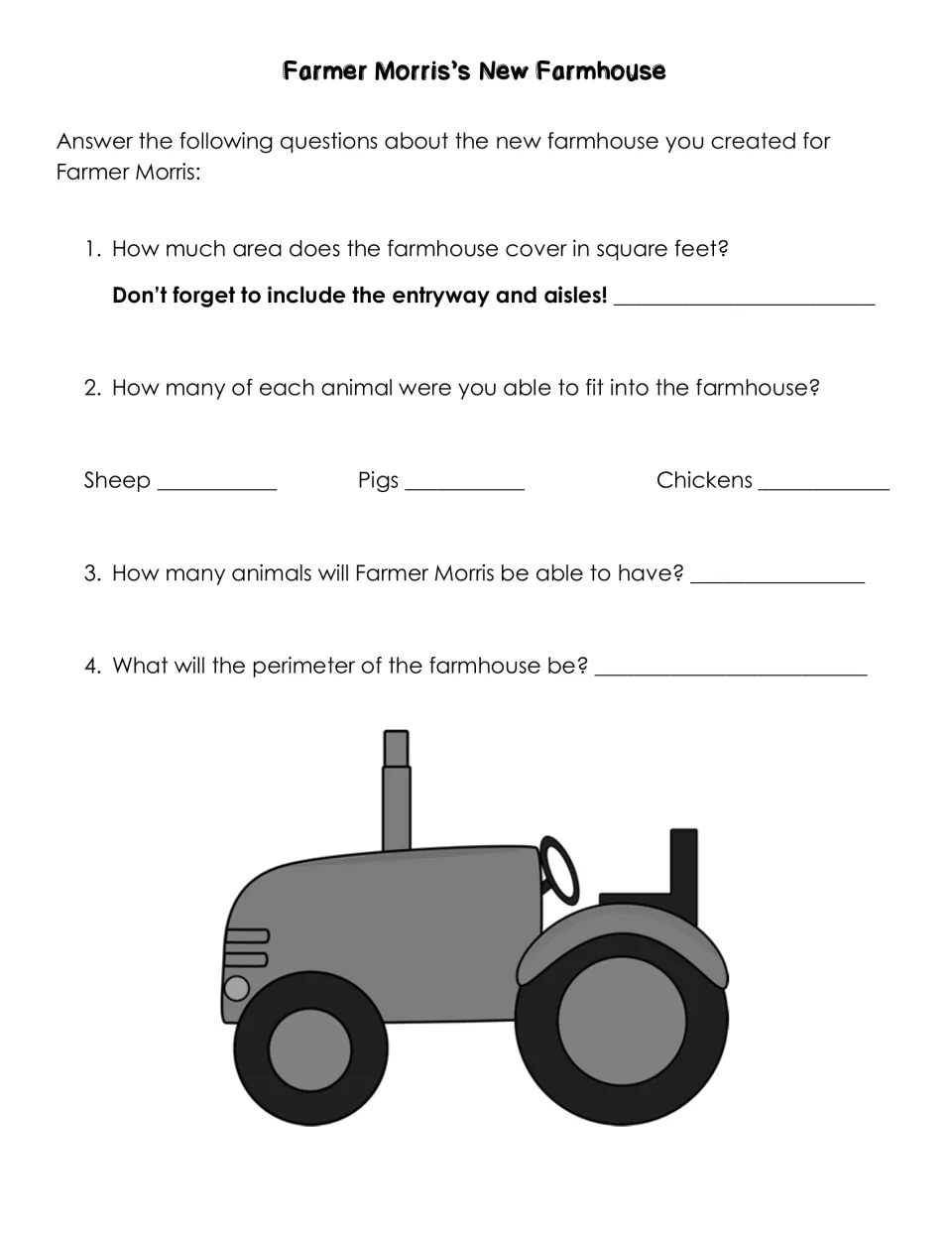 Farmhouse questions: students record total area in square feet, number of sheep, pigs and chickens, and the perimeter