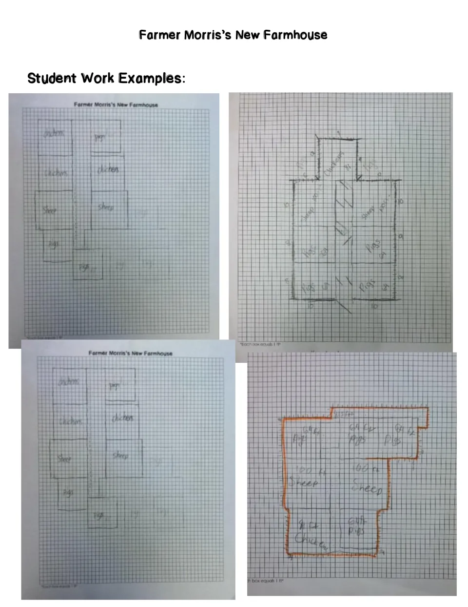 Student work samples: four photos of hand-drawn farmhouse blueprints with labeled sheep, pig and chicken pens