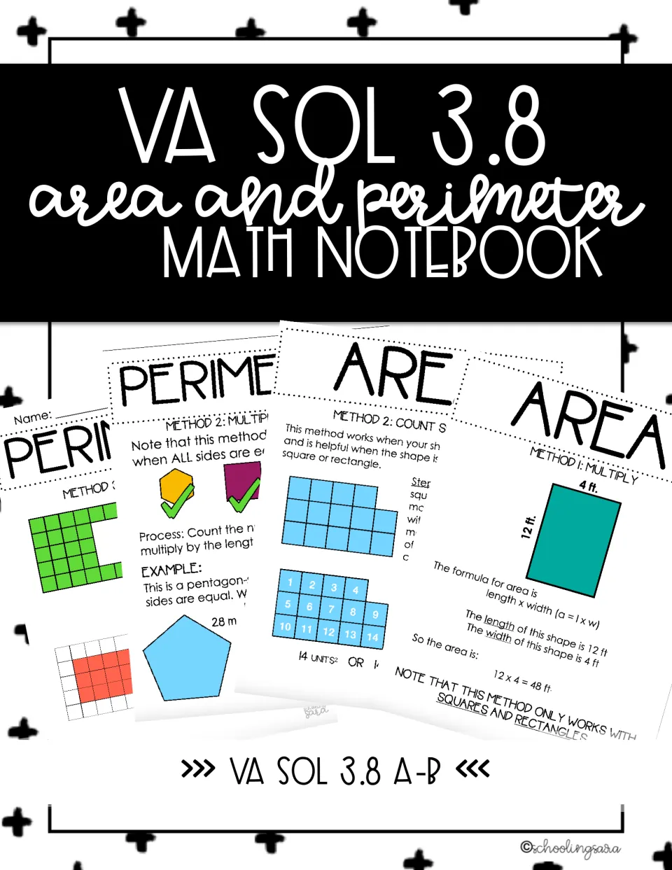 VA SOL 3.8 area and perimeter notebook cover previewing notes pages on multiplying, counting squares and equal sides