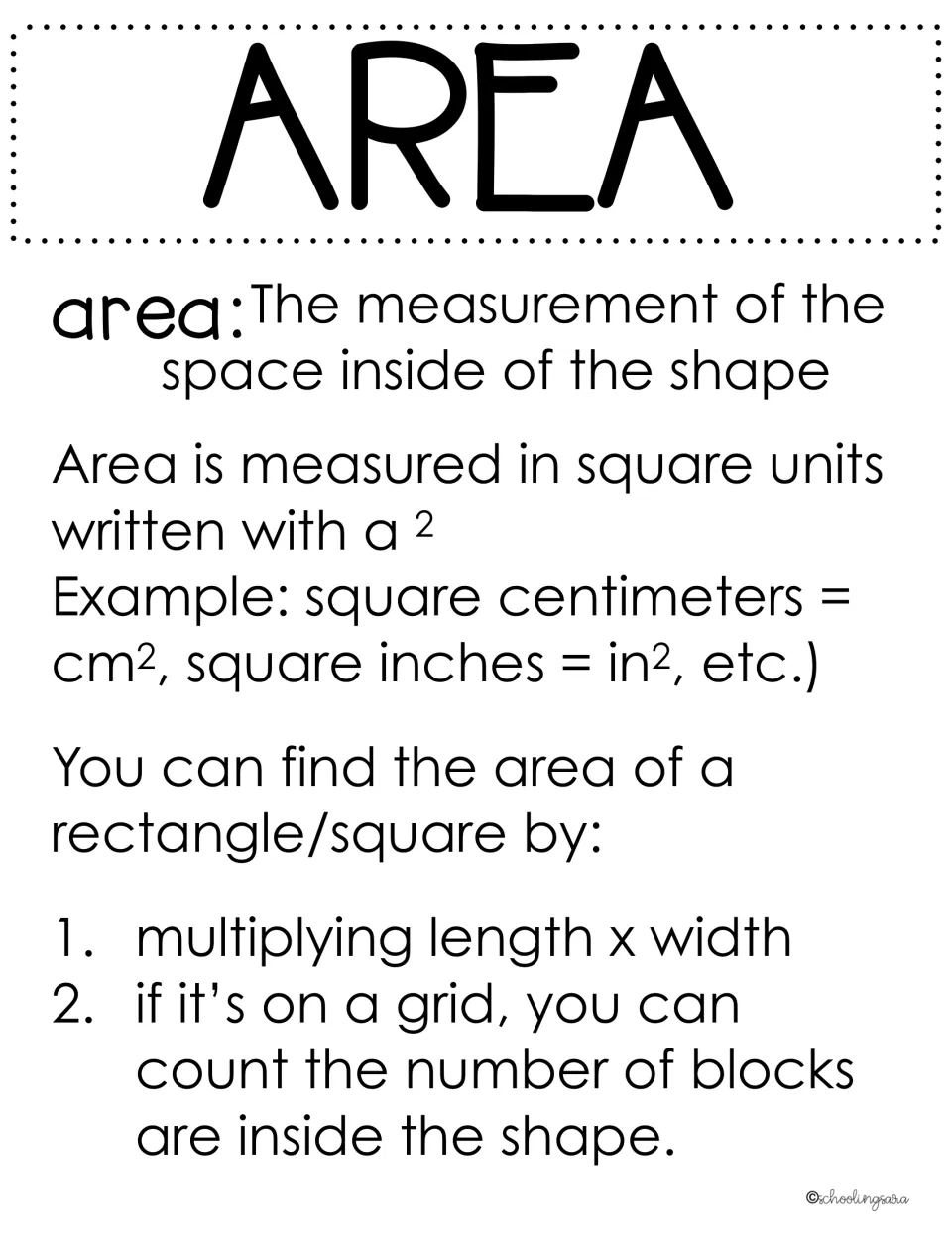 Area definition notes: space inside a shape, square units such as cm2 and in2, and finding area by multiplying or counting