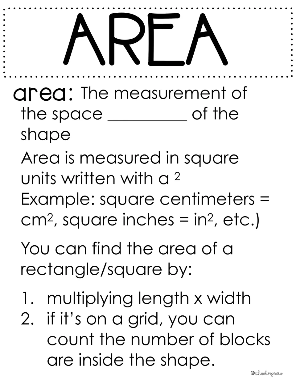 Area guided notes: students fill in the blank defining area as the space inside a shape, then review square units
