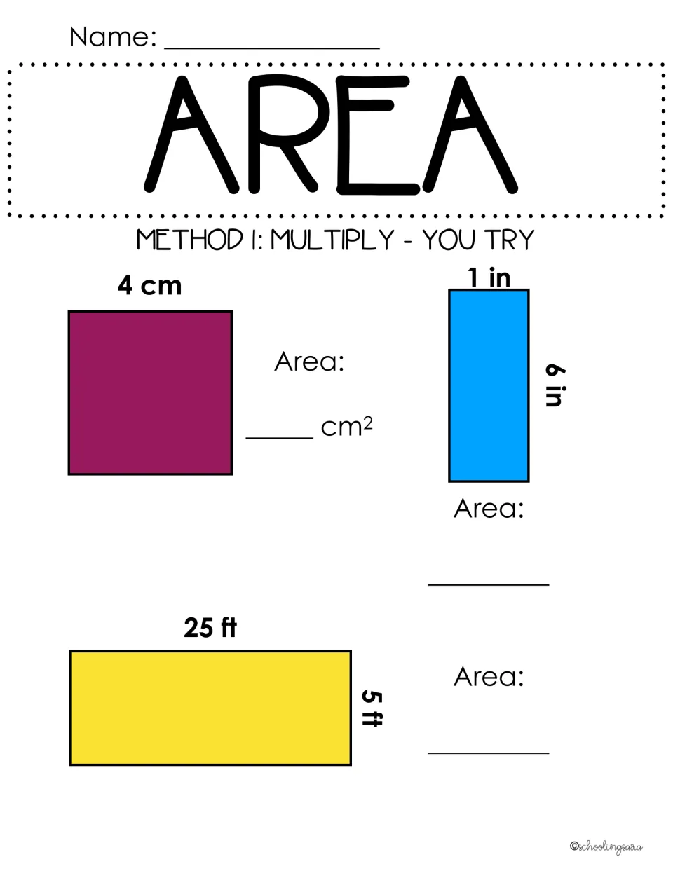 Area practice, multiply: students find the area of a 4 cm square, a 1 in by 6 in rectangle and a 25 ft by 5 ft rectangle