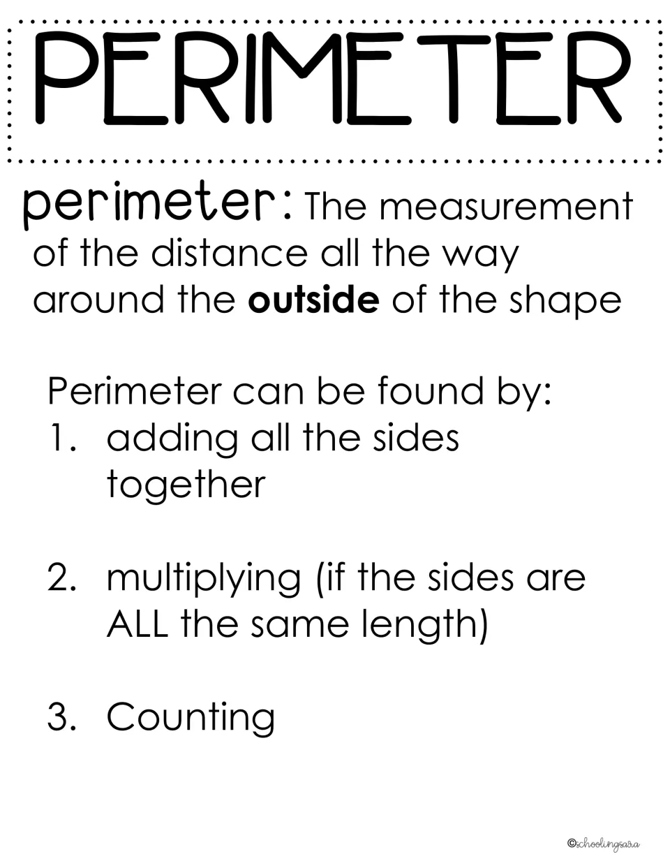 Perimeter notes: distance around the outside of a shape, found by adding sides, multiplying equal sides or counting