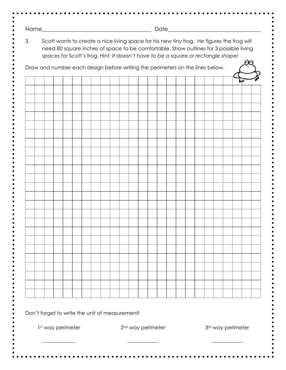 Task 3, Scott's frog habitat: students outline 3 living spaces of 80 square inches and find the perimeter of each