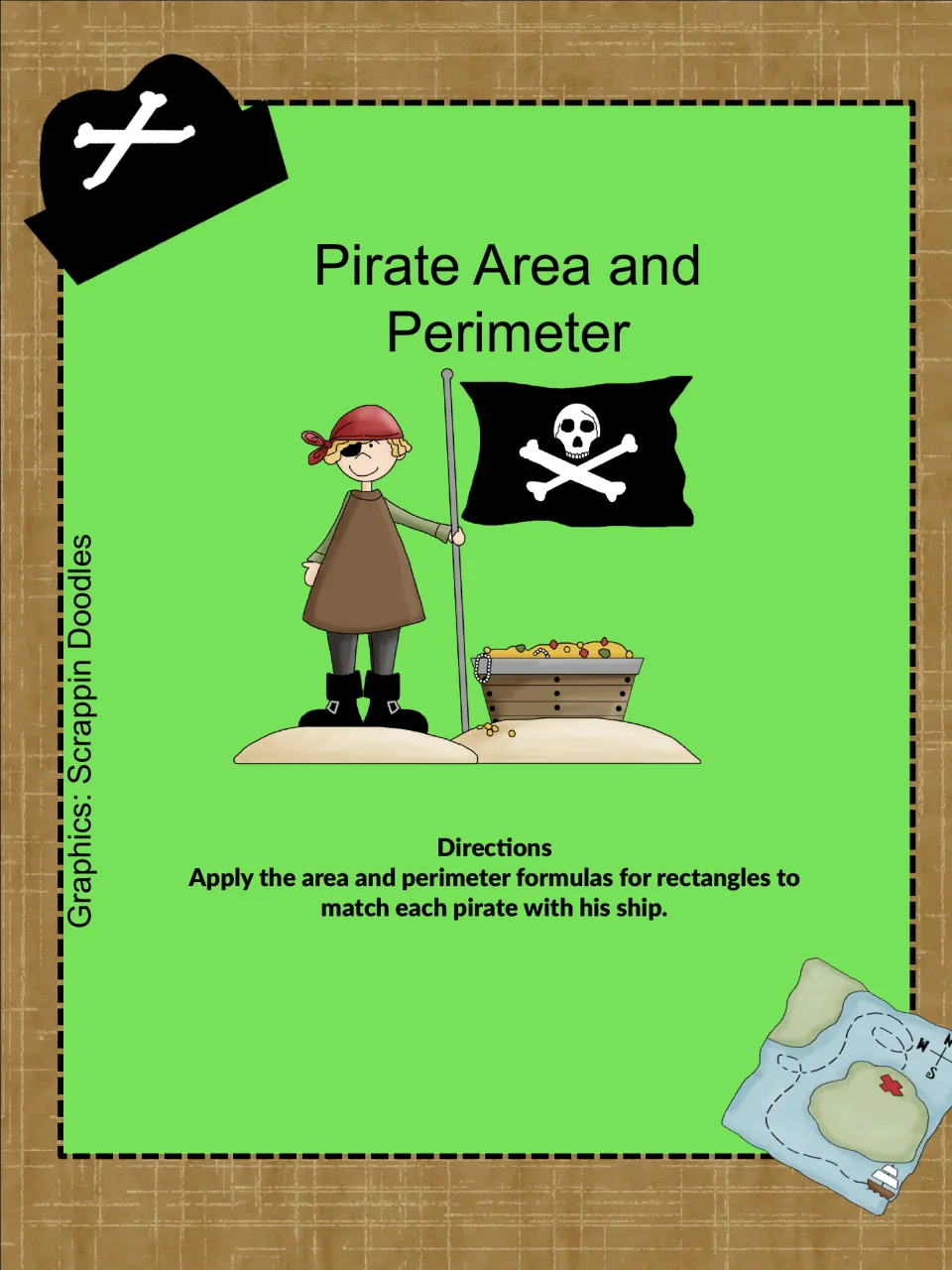 Pirate area and perimeter cover: directions to apply rectangle formulas and match each pirate with his ship