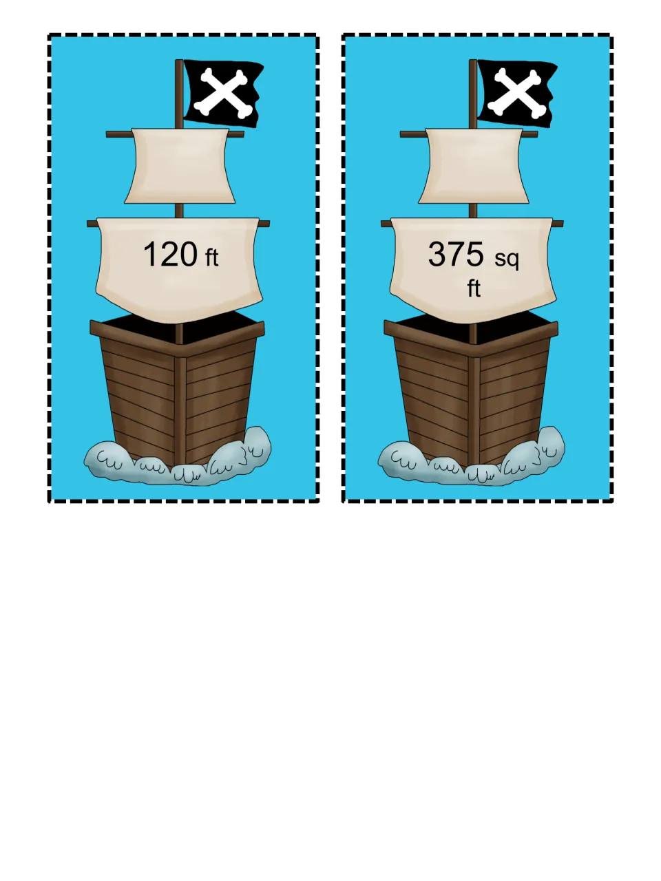 Pirate ship matching cards with answers 120 ft and 375 sq ft on the sails, for pairing with problem cards