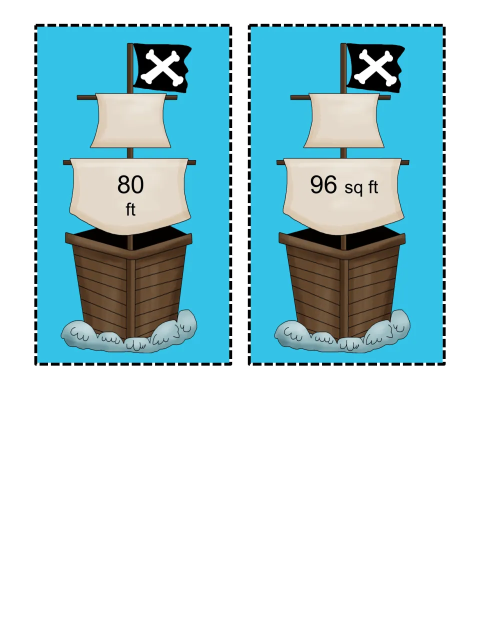 Pirate ship matching cards showing 80 ft and 96 sq ft on the sails; students match each ship to its problem