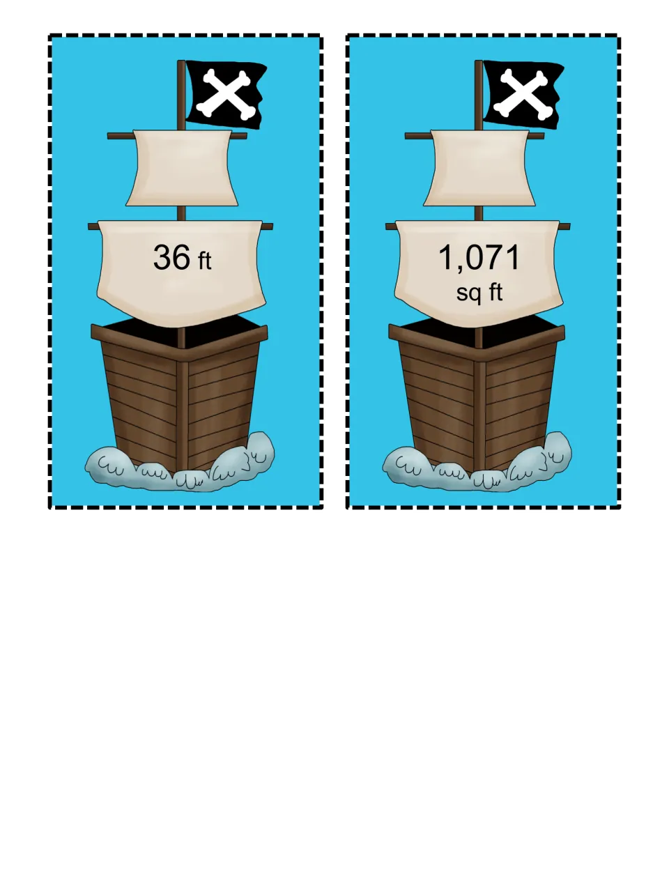 Pirate ship matching cards with 36 ft and 1,071 sq ft on the sails, the last two answers in the ship set