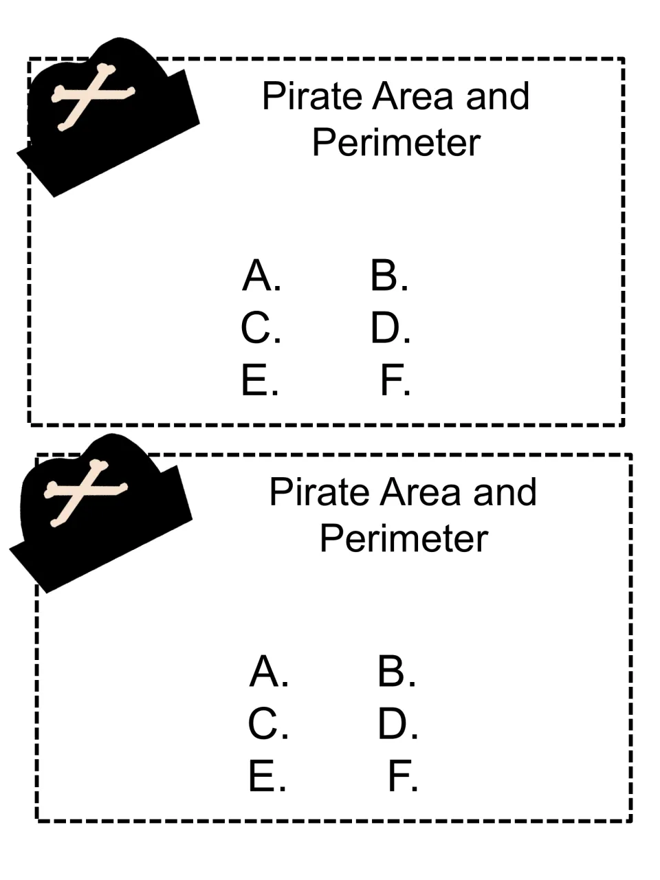 Answer recording slips: two half-page forms with blanks for problems A through F, one letter per pirate card