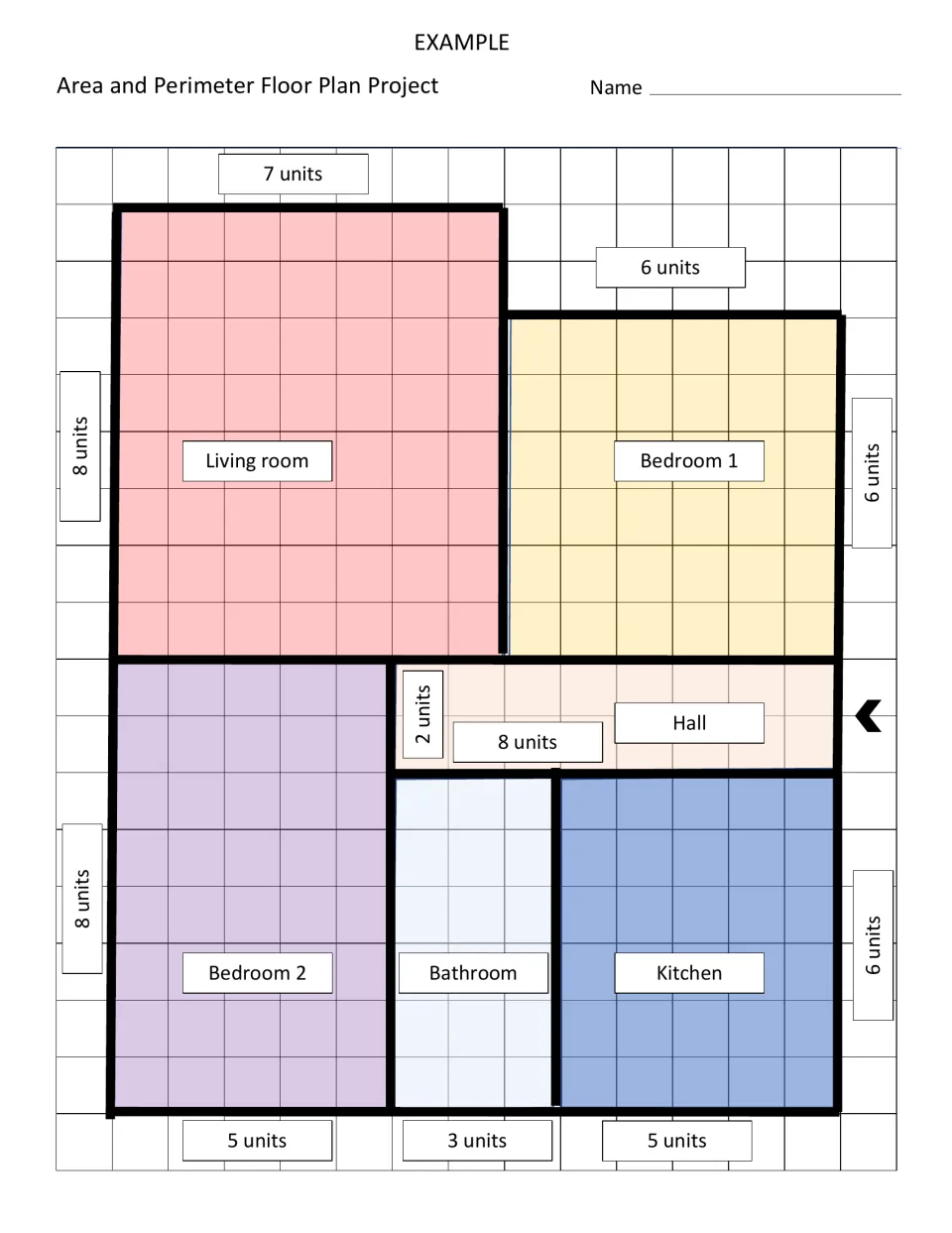 Sample colored floor plan with labeled living room, two bedrooms, hall, bathroom and kitchen, each side marked in units