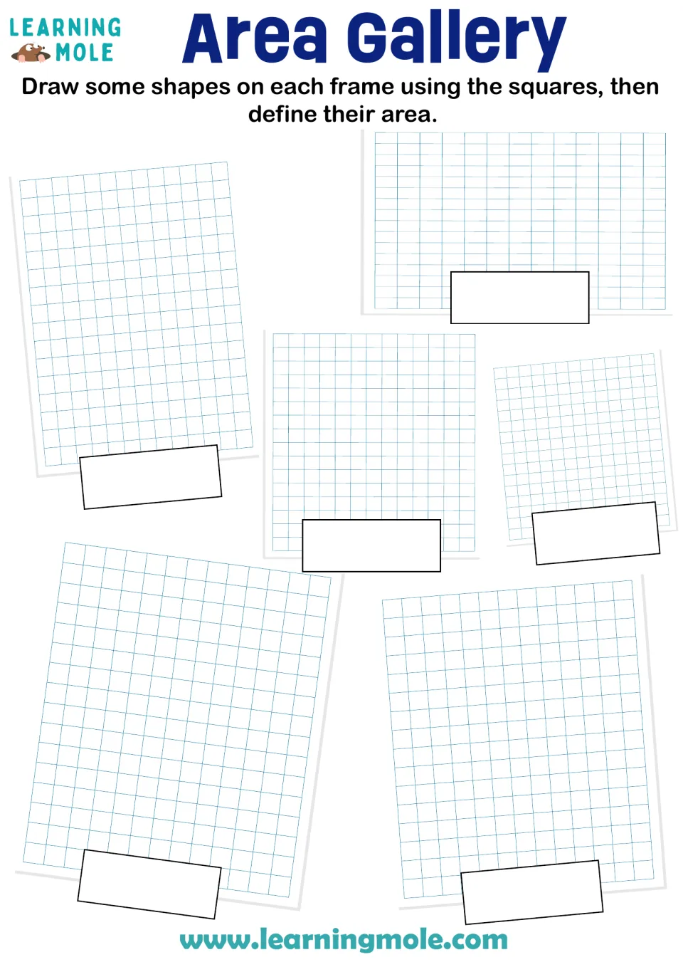Area Gallery: students draw their own shapes on six squared frames, then count unit squares to write each shape's area