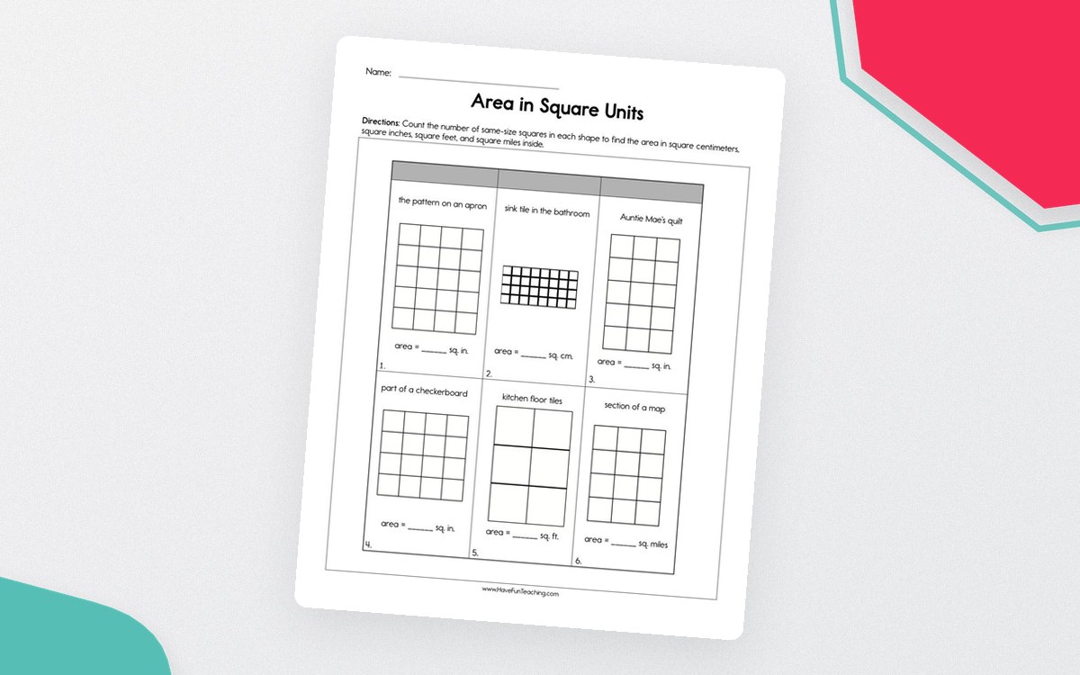 Area in Square Units Worksheet teaching resource preview