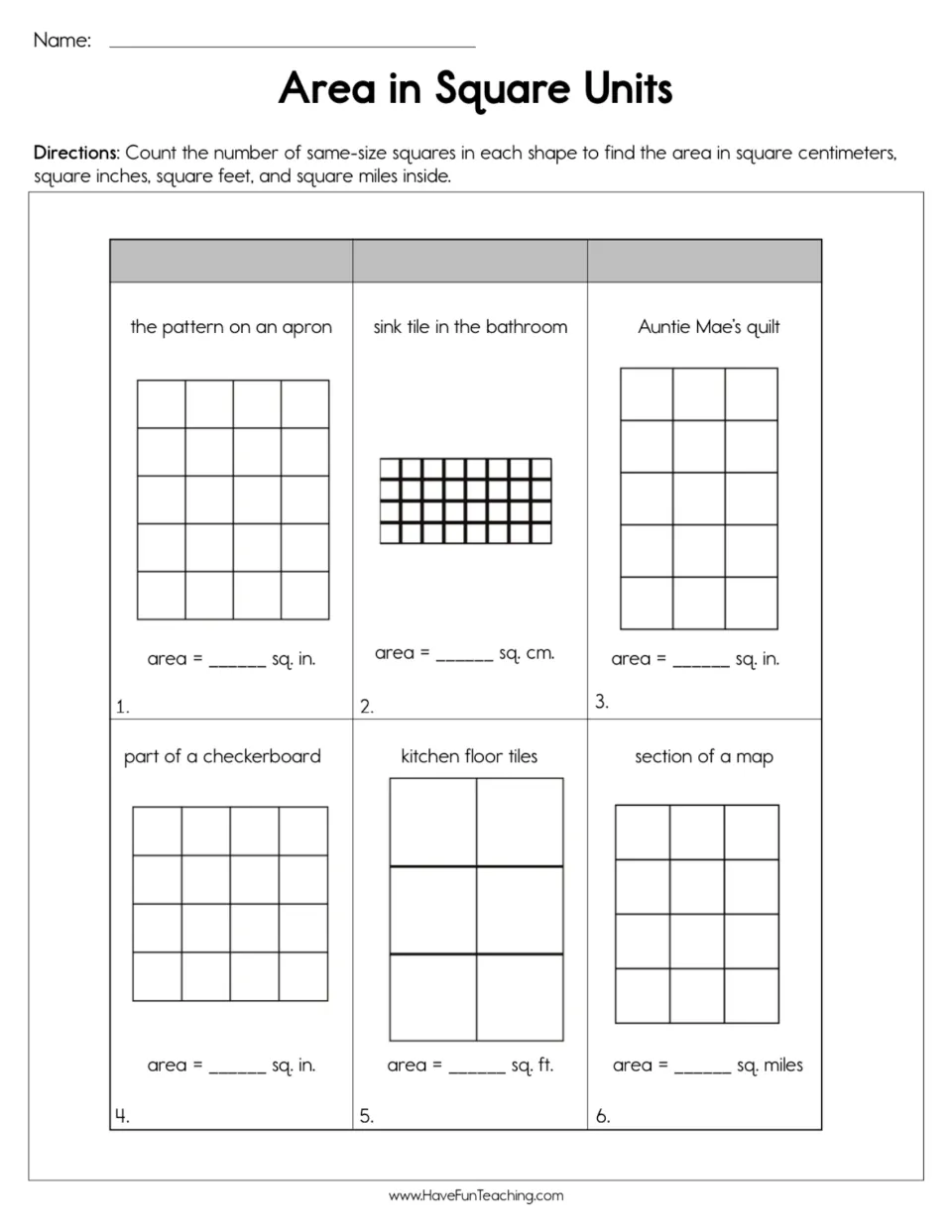 Counting squares to find area: students find the area of 6 shapes, like a quilt and map, in sq. in., cm, ft or miles