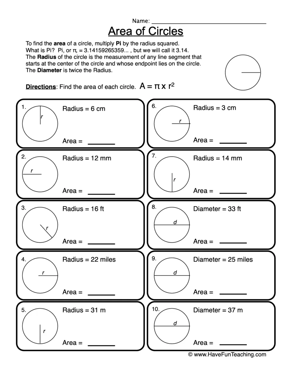 Area of circles: students use A = πr² with pi as 3.14 to find the area of 10 circles from a given radius or diameter