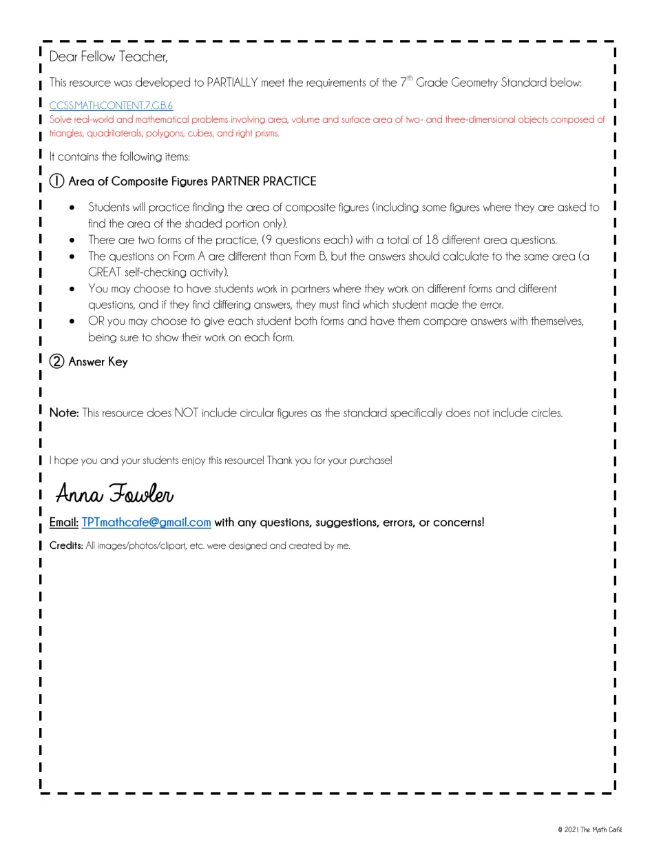 Teacher note: lists two practice forms of 9 composite-area questions each, partner self-checking options and an answer key
