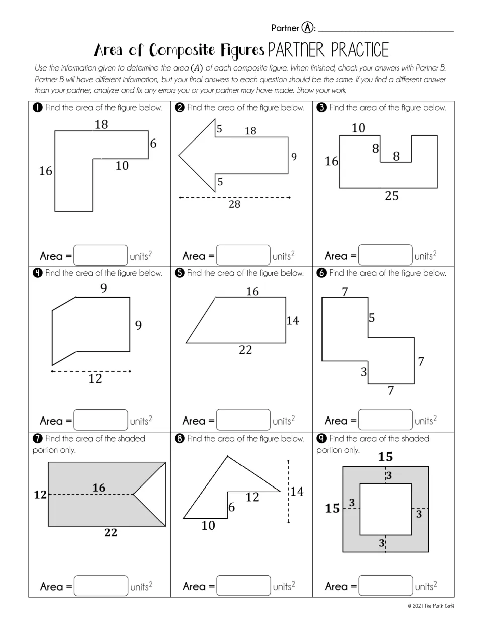 Partner A form: students find the area of 9 composite shapes, including L-shapes, an arrow and two shaded regions