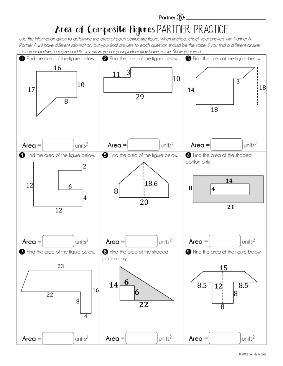 Partner B form: students find areas of 9 different polygons, such as a pentagon, a T-shape and two shaded-region items