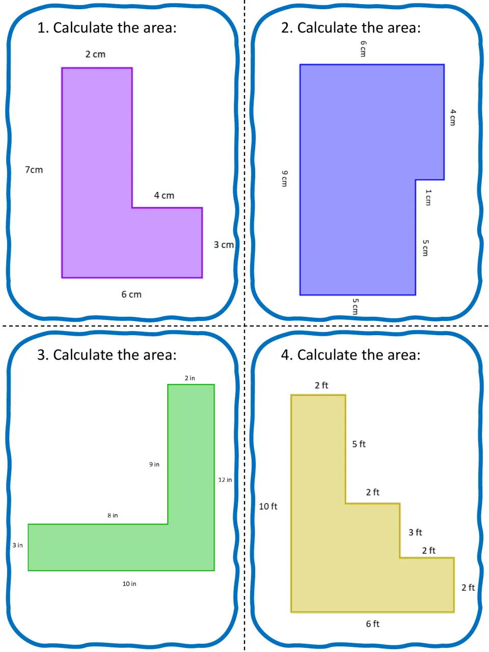Area of composite figures task cards 1-4: students find the area of L-shaped and stepped shapes measured in cm, in and ft