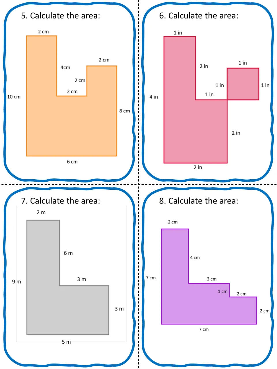 Composite area cards 5-8: students split U, L and stepped rectilinear shapes into rectangles to calculate each area