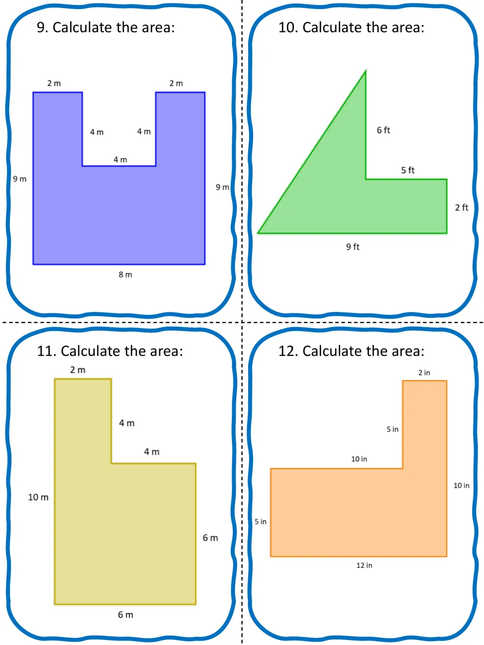 Area cards 9-12: students find the area of a U shape, an L shape and a shape joining a right triangle to a rectangle