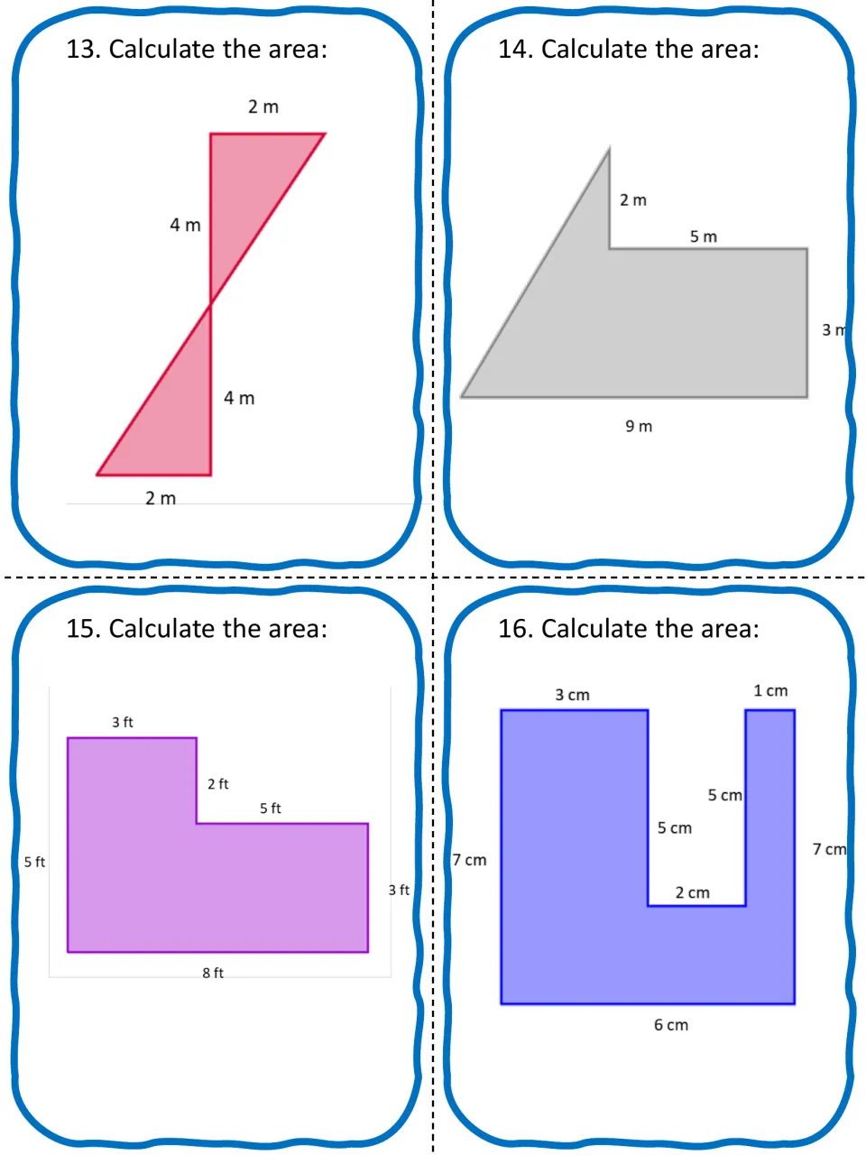 Cards 13-16: students calculate areas of two joined triangles, a triangle-rectangle shape, an L shape and a U shape