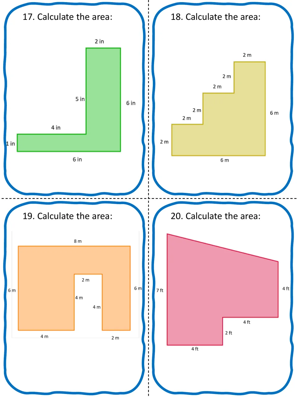 Cards 17-20: students find areas of an L shape, a staircase shape, a U-shaped arch and a sloped trapezoid-rectangle shape