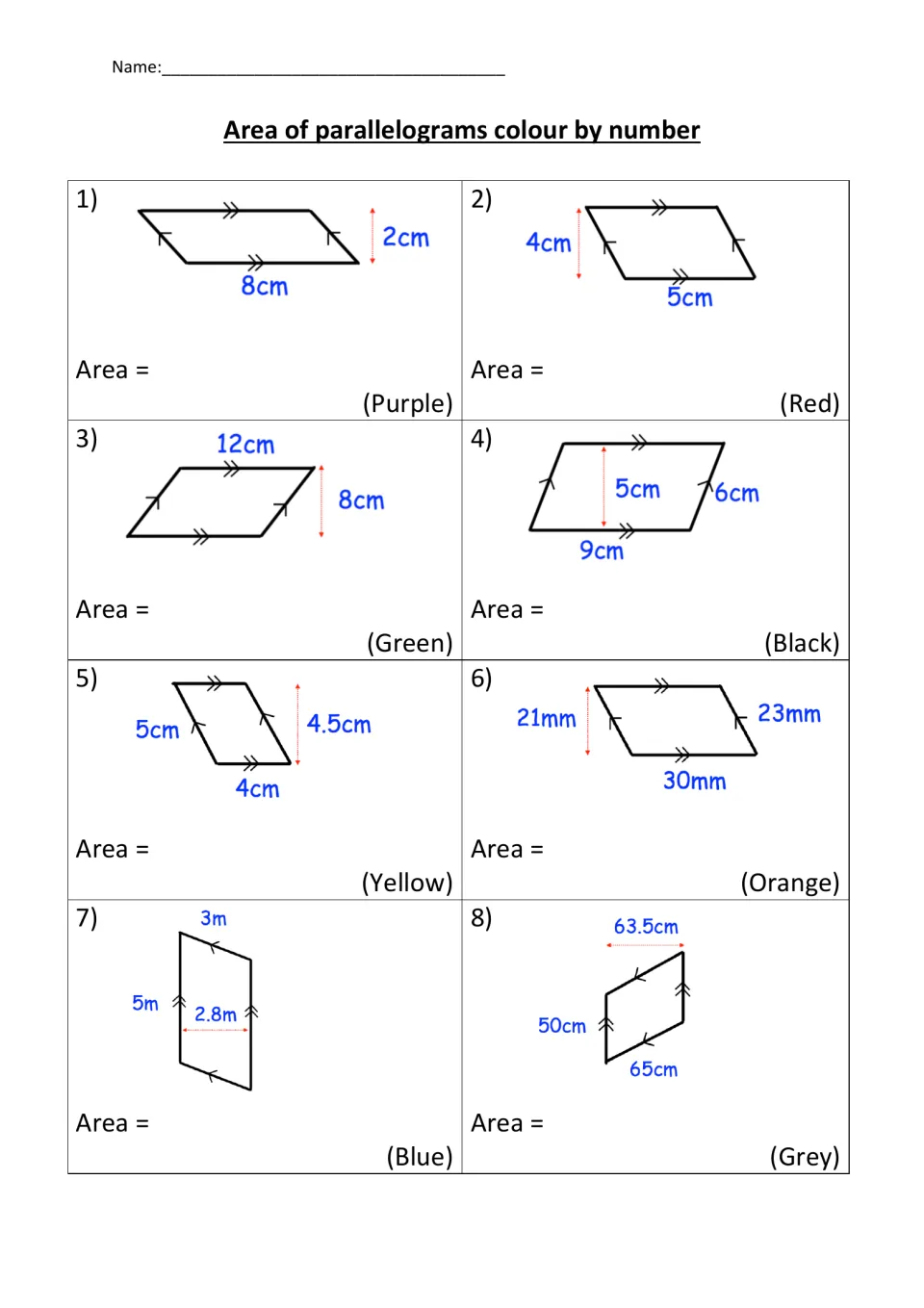 Area of parallelograms: students find the area of 8 shapes from base and height in cm, mm and m, each linked to a colour