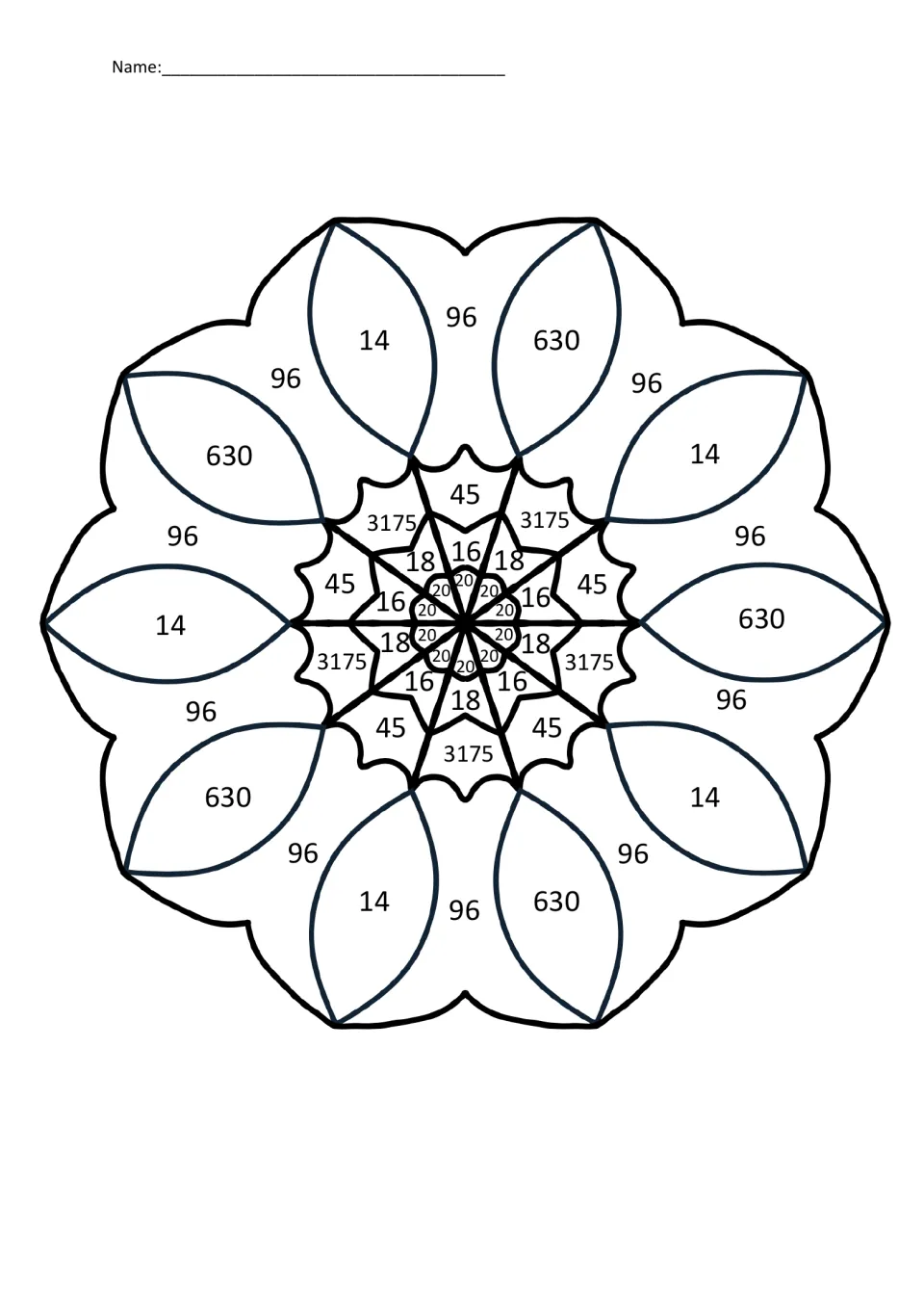 Colour-by-number mandala: students shade each section by its area answer, such as 96, 630, 14, 45, 3175, 18, 16 and 20